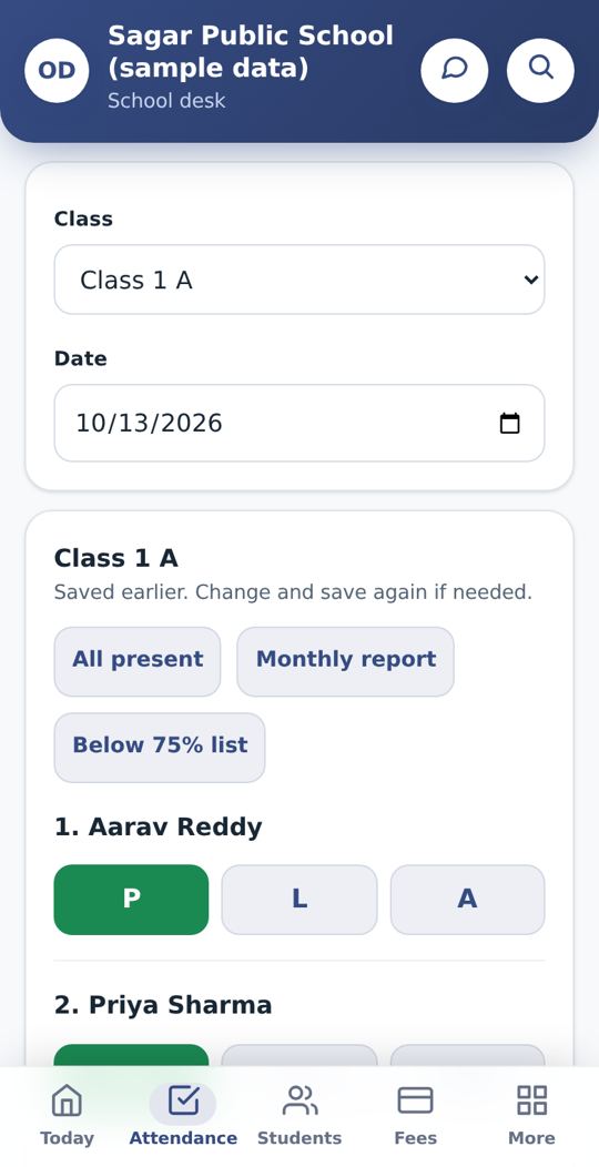 Attendance screen with P, L and A buttons for each student