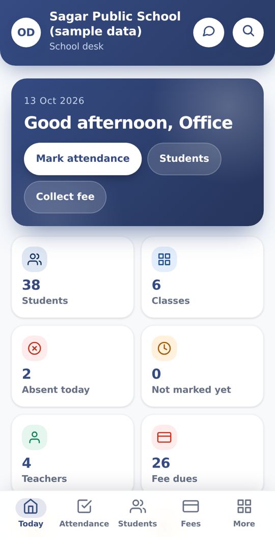 Office home screen with students, classes, absent today and fee dues